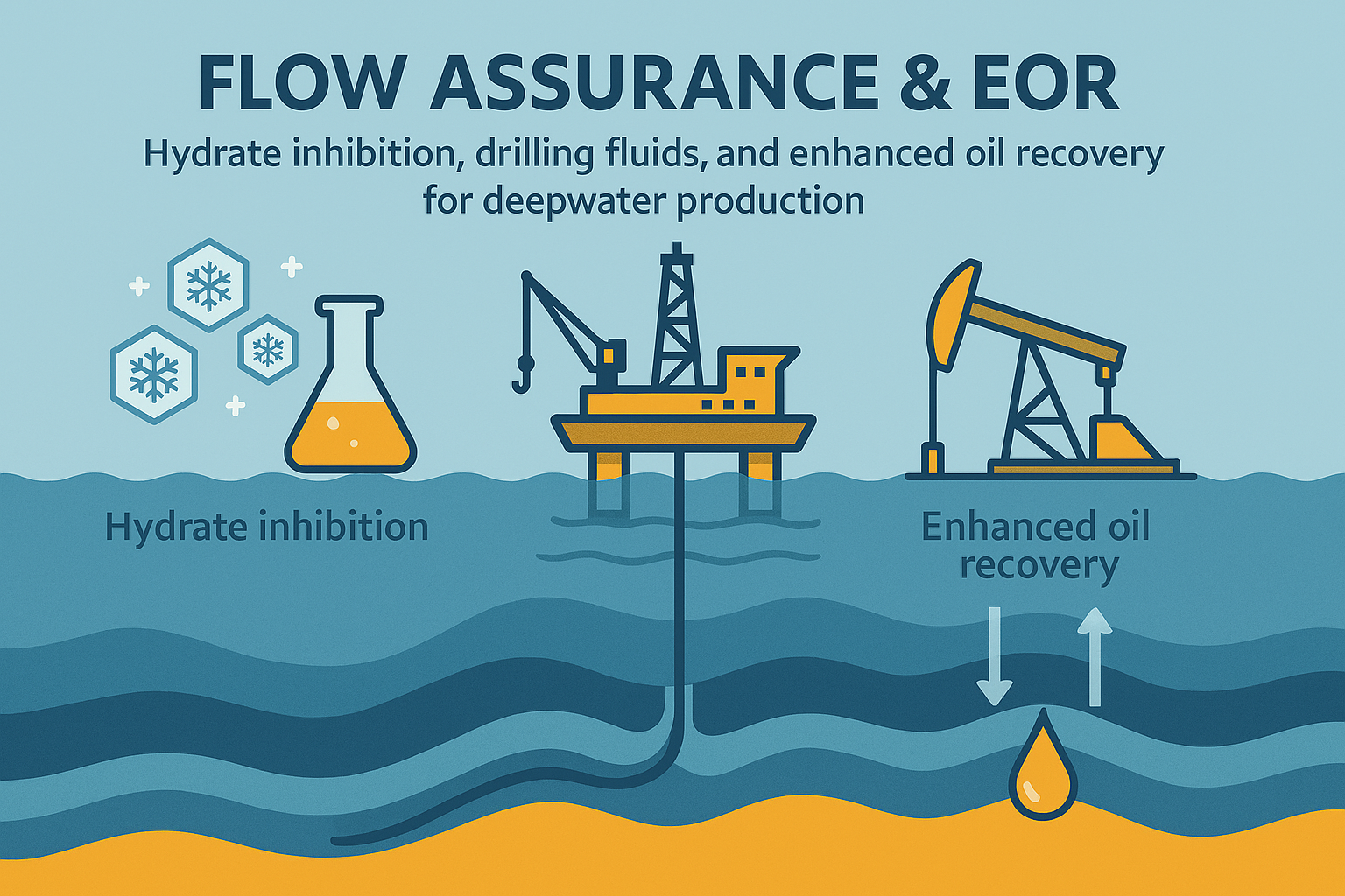 Flow assurance and EOR: hydrate inhibition, offshore drilling, and enhanced oil recovery schematic