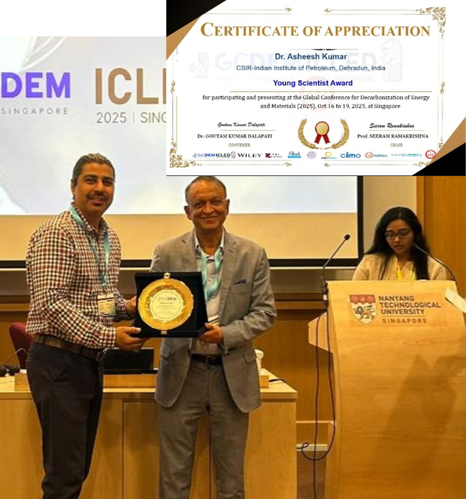 Dr. Asheesh Kumar receiving the Young Scientist Award at GCDEM-ICLED 2025, NTU Singapore